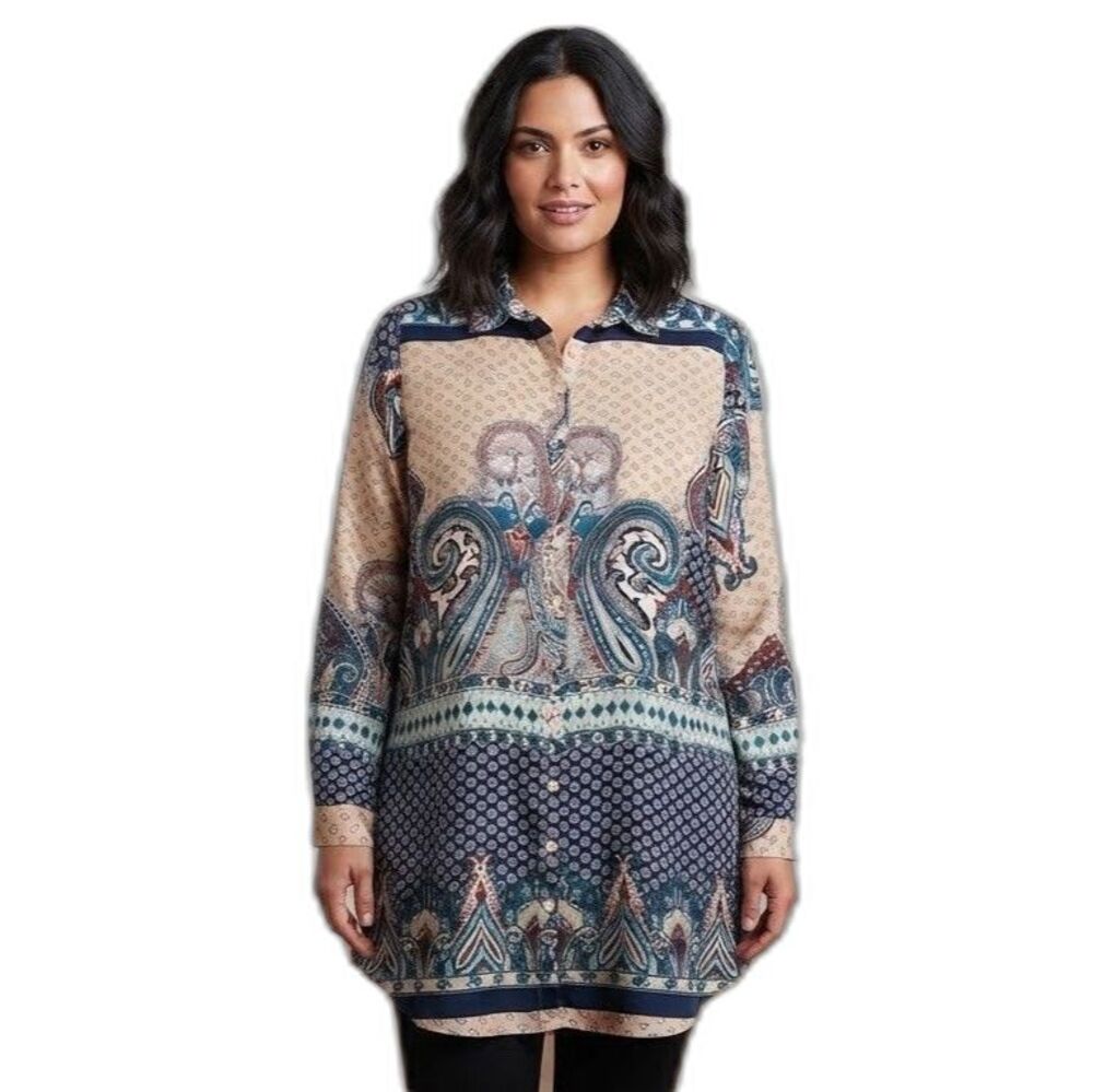 Parisian Collection paisley long shirt tunic dress size 16 blue cream NWOT